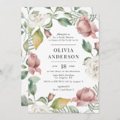 モーヴェピンクアンドホワイトローズフローラブライダルシャワー 招待状 (正面/裏面)