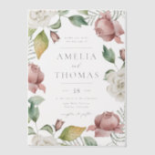 モーヴェピンクアンドホワイトローズフローラ結婚リース ベラム紙招待状 (正面)