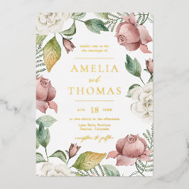 モーヴェピンクアンドホワイトローズフローラ結婚リース 箔招待状