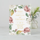 モーヴェピンクアンドホワイトローズフローラ結婚リース 箔招待状 (立ち正面)