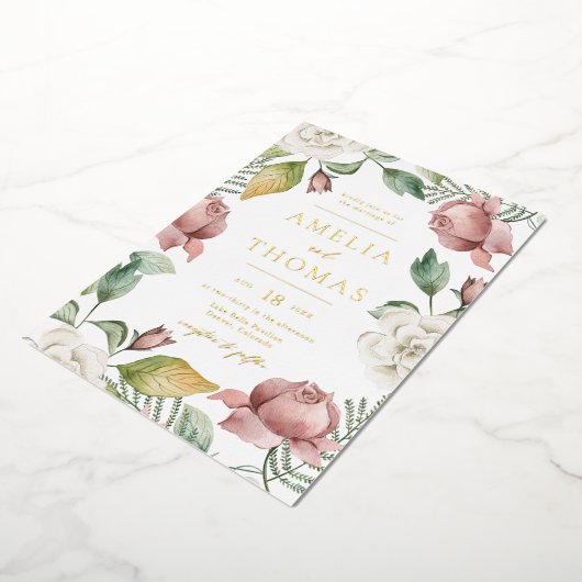 モーヴェピンクアンドホワイトローズフローラ結婚リース 箔招待状 (回転した状態)