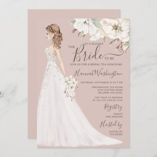 モーヴェマグノリアブライドグリッターガウンブライダルティー 招待状 (正面/裏面)