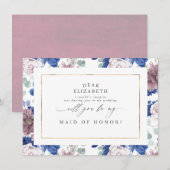 モーヴネイビーブルーフローラブライデスメイドメイド・オブ・オーナー（花嫁付き添い人） 招待状 (正面/裏面)