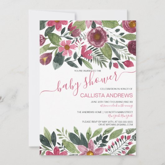 モーヴピンクの森の水の色のフローラ赤ちゃんシャワー 招待状 (正面)