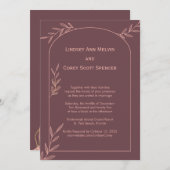 モーヴモダンとピンクの結婚葉の 招待状 (正面/裏面)