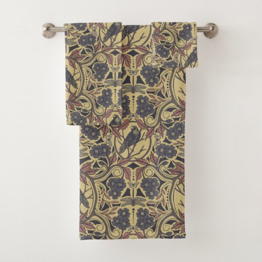 モーヴ、タン&グレークロウ&ドラゴンフライフローラ バスタオルセット (インサイチュ)