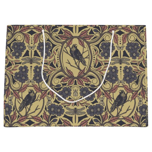 モーヴ、タン&グレークロウ&ドラゴンフライフローラ ラージペーパーバッグ (正面)