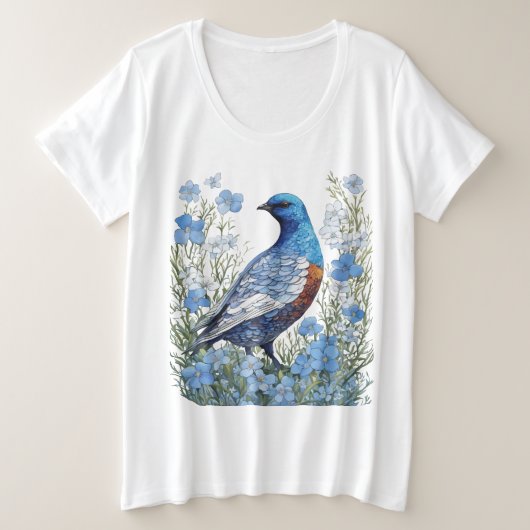 ヤイロチョウライチョウとワスレナグサ プラスサイズTシャツ (デザイン正面)