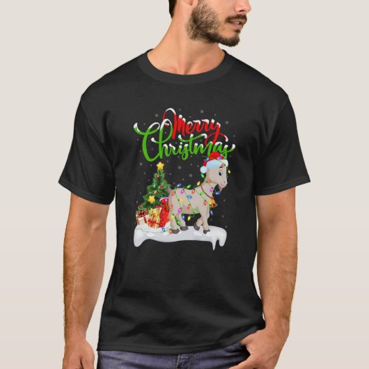 ヤギおもしろい動物愛好家クリスマス照明ヤギのクリスマス Tシャツ (正面)