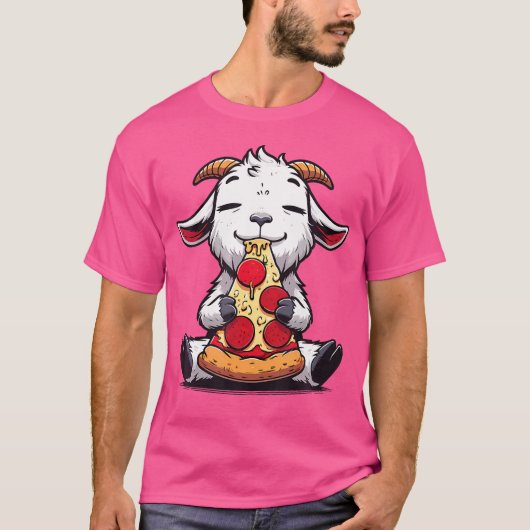 ヤギおもしろい食べのピザのグラフィック男の子の女の子K Tシャツ (正面)