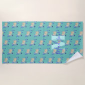 ヤギかわいいティール(緑がかった色)モノグラム ビーチタオル (正面)