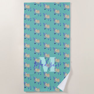 ヤギかわいいティール（緑がかった色）モノグラム ビーチタオル