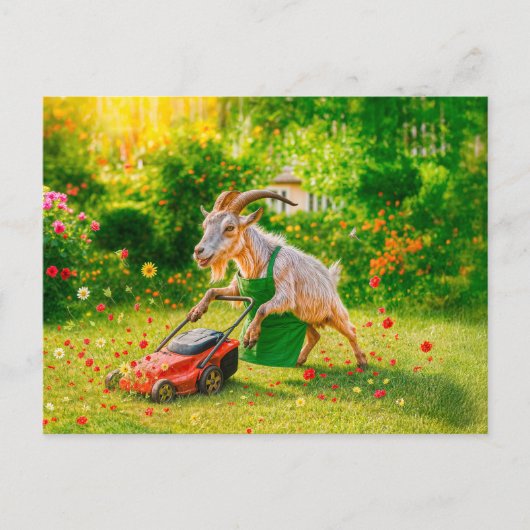 ヤギが芝刈り機で庭を破壊 シーズンポストカード (正面)