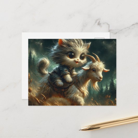 ヤギに乗って愛らしい灰色の子猫 ポストカード (正面/裏面インサイチュ)