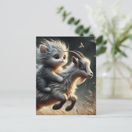 ヤギに乗って愛らしい猫 ポストカード (スタンド正面)