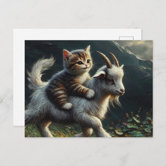 ヤギに乗って愛らしい猫 ポストカード (正面/裏面)