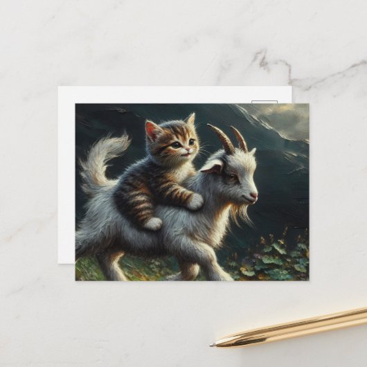 ヤギに乗って愛らしい猫 ポストカード (正面/裏面インサイチュ)