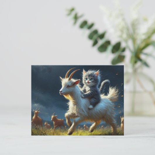 ヤギに乗って愛らしい猫 ポストカード (スタンド正面)