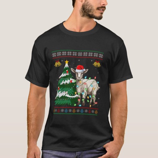 ヤギのクリスマスツリーライトサンタヤギの醜いセーター Tシャツ (正面)