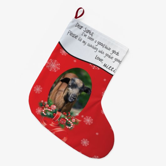 ヤギの写真を追加してSantaと名前を付親愛ける ラージクリスマスストッキング (正面 (吊り時))