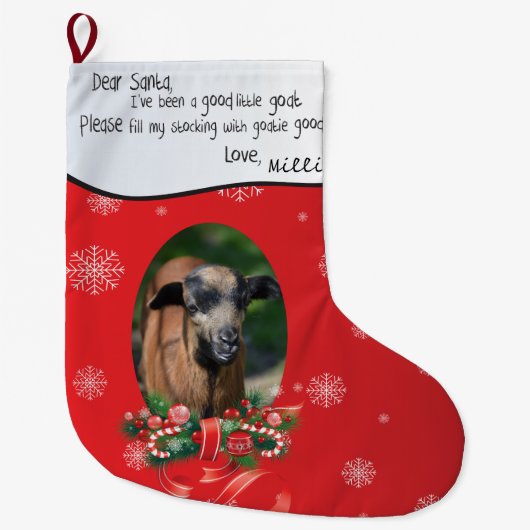ヤギの写真を追加してSantaと名前を付親愛ける ラージクリスマスストッキング (正面)