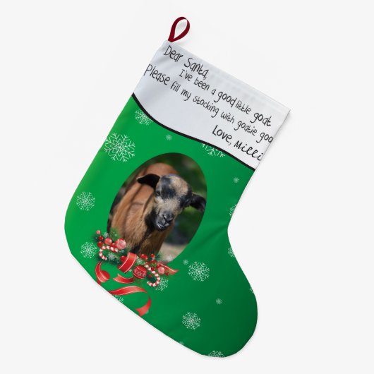 ヤギの写真を追加してSantaと名前を付親愛ける ラージクリスマスストッキング (正面 (吊り時))
