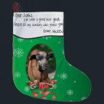 ヤギの写真を追加してSantaと名前を付親愛ける ラージクリスマスストッキング<br><div class="desc">雪の結晶とゴートの写真のための楕円形のフレームのグラデーションの緑の背景と、リボンを結んだキャンディの杖の枝の下に – このクリスマスのストッキング書は、子供のような手の中でメッセージを持っている親愛の書: Santa、私は良い小さなヤギだった。私のストッキングに美味しいお菓子を入れて下さい。愛（そしてヤギの名前にサインする） – 彼らの奇抜なヤギの飼い主のために愛らしい…私のように：)</div>