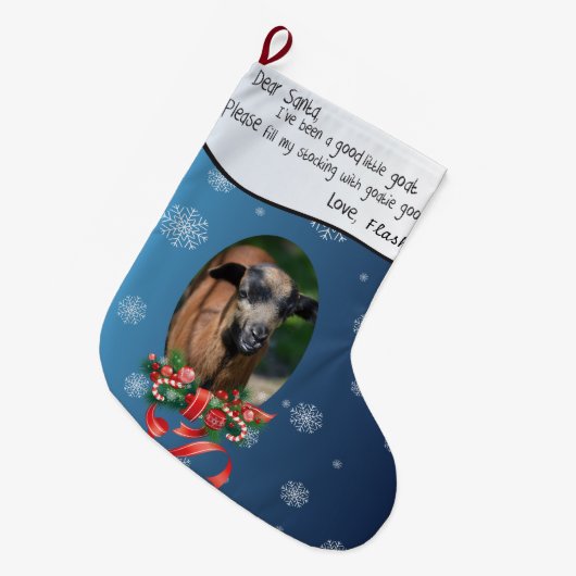 ヤギの写真を追加してSantaと名前を付親愛ける ラージクリスマスストッキング (正面 (吊り時))