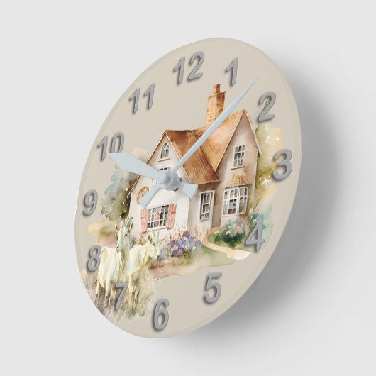 ヤギの水彩キッチン付き田舎の農家 ラウンド壁時計 (傾斜)