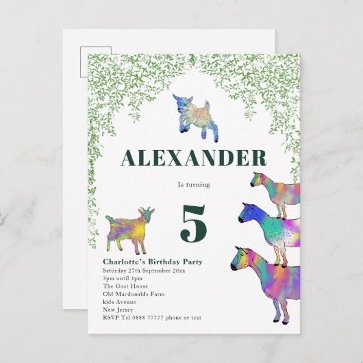 ヤギの水彩紅葉バースデーパーティー インビテーションポストカード (正面/裏面)
