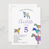 ヤギの水色ガールズバースデーパーティーパープル インビテーションポストカード (正面/裏面)