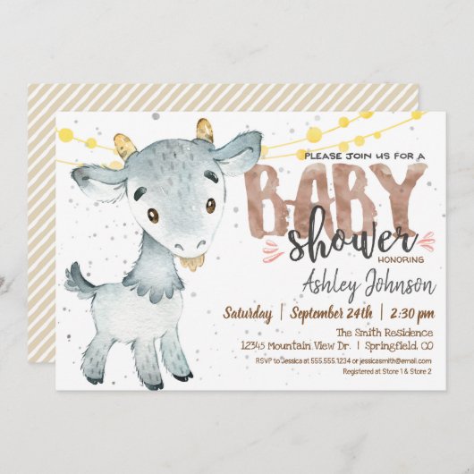 ヤギの赤ちゃんのお祝い招待状（男の子、農場テーマ） 招待状 (正面/裏面)