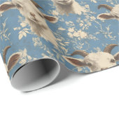 ヤギの頭と花オンブルー ラッピングペーパー (ロールコーナー)