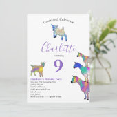 ヤギをテーマにした動物愛好家誕生日パーティパープル 招待状 (スタンド正面)