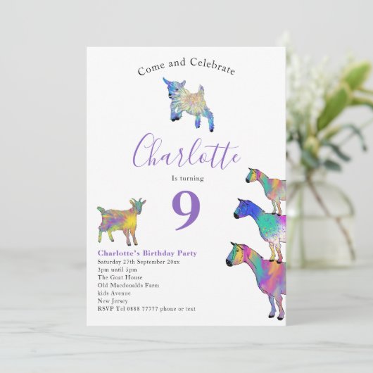 ヤギをテーマにした動物愛好家誕生日パーティパープル 招待状 (スタンド正面)