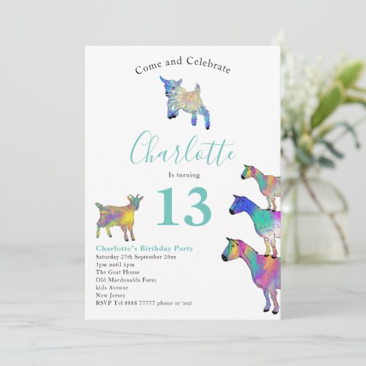 ヤギをテーマにした動物愛好家誕生日パーティー 招待状 (スタンド正面)
