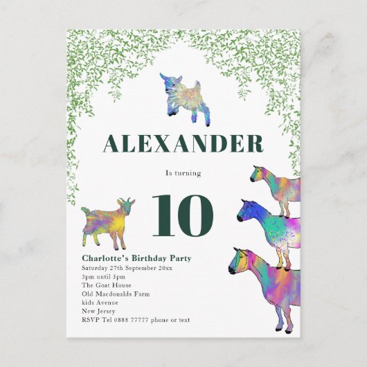ヤギをテーマにした誕生日パーティー インビテーションポストカード (正面)