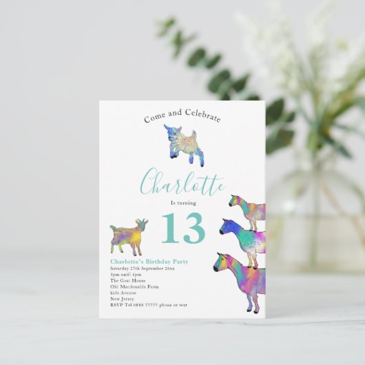ヤギをテーマにした13th誕生日パーティー インビテーションポストカード (スタンド正面)