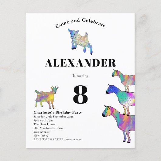 ヤギカラフルの水彩の誕生日パーティー予算 チラシ (正面)
