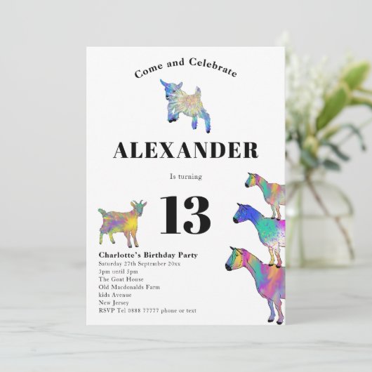ヤギカラフルをテーマにした誕生日パーティー 招待状 (スタンド正面)
