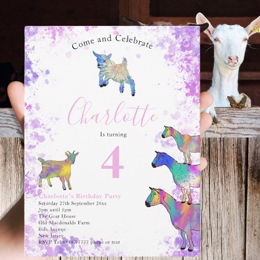 ヤギカラフルガールズバースデーパーティー インビテーションポストカード