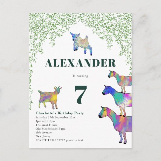 ヤギカラフルツファーム動物の誕生日パーティー予算 インビテーションポストカード (正面)