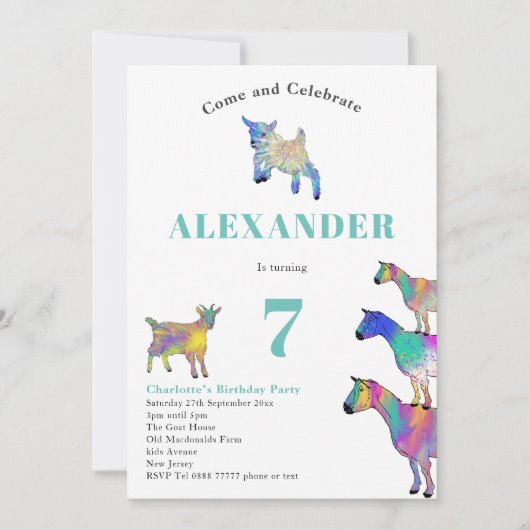 ヤギカラフルファーム動物アート7th誕生日パーティー 招待状 (正面)