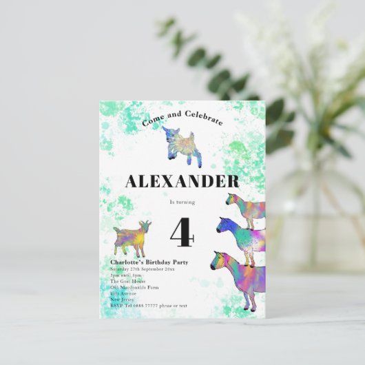 ヤギカラフル水彩誕生日パーティー インビテーションポストカード (スタンド正面)