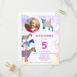 ヤギカラフル第5誕生日フォトピンク インビテーションポストカード