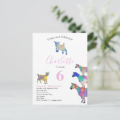 ヤギ子供の誕生日パーティーピンク インビテーションポストカード (スタンド正面)