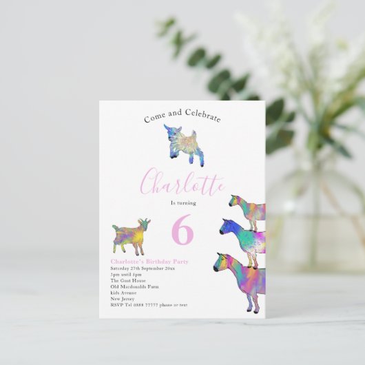 ヤギ子供の誕生日パーティーピンク インビテーションポストカード (スタンド正面)