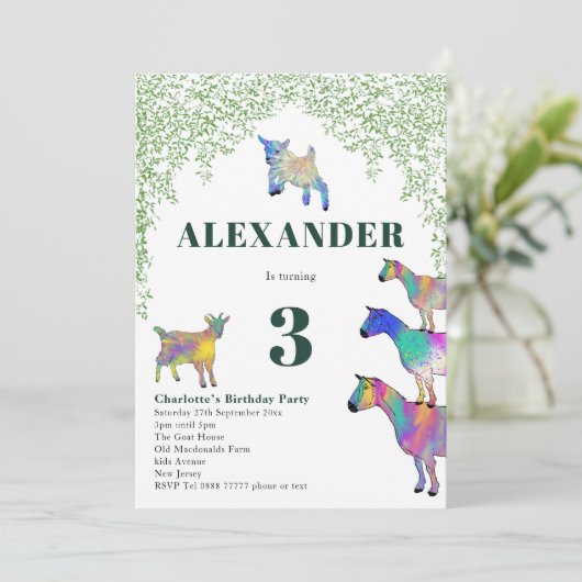 ヤギ水彩誕生日パーティーグリーン 招待状 (スタンド正面)