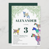 ヤギ水彩誕生日パーティーグリーン 招待状 (正面/裏面)