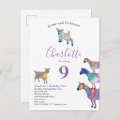 ヤギ水彩誕生日パーティーパープル インビテーションポストカード (正面/裏面)